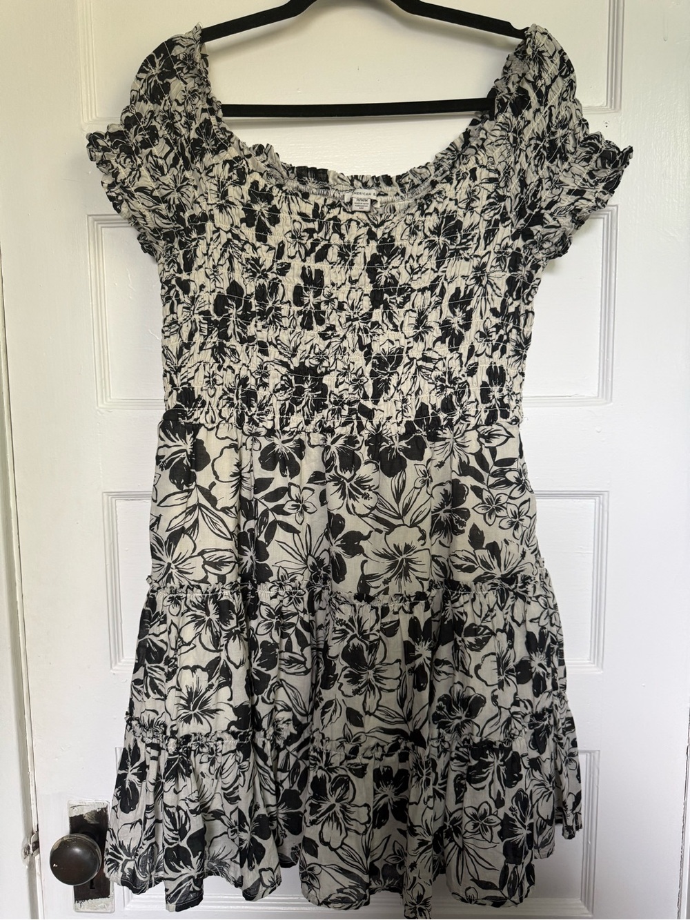 American Eagle Outfitters Black & White Floral Smocked Mini Dress Garden Girl M